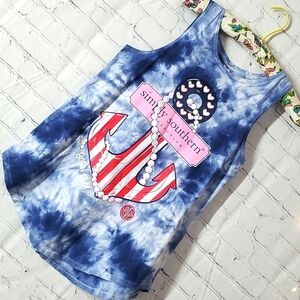 Simply Southern Blue Tie-Dye Americana USA Anchor Graphic Chunky Tank Size Med